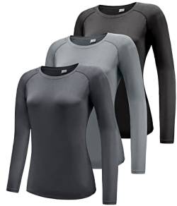 Damen 3er Pack Langarmshirt T-Shirts, UPF 50+ Sonnenschutz Schnelltrocknend Funktionsshirt Laufshirts, Atmungsaktiv Langarm Sportshirt Gym Yoga Top Workout Oberteil Black/Grey/Dark Grey 3P05-XL von Boyzn