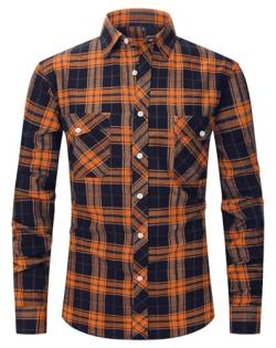 Flanellhemd Herren Hemd Kariertes Hemd Freizeithemd Flanell Hemden Langarmhemd Casual Button Down Shirt Langarm Freizeithemd mit Zwei Taschen Orange/Navy-L von Boyzn