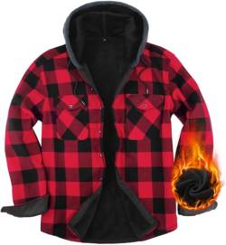 Fleecejacke Herren Hemdjacke Kariertes Winterjacke mit Kapuze Flanellhemd Gefüttert Freizeitjacke Button Down karohemd Warme Holzfällerjacke Hoodie für Herren Red-Q5-L von Boyzn