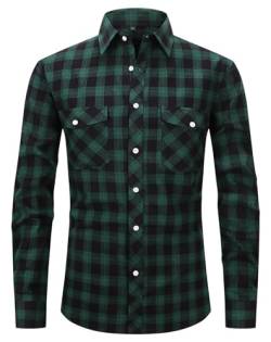 Hemd Herren Flanellhemd Herren Kariertes Hemden Herren Langarm Business Hemd Casual Button Down Freizeithemd Langarmhemd mit Zwei Taschen Green/Black-M von Boyzn