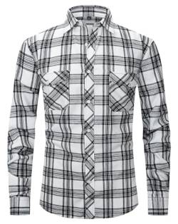 Hemd Herren Flanellhemd Kariert Herren Freizeithemd Langarmhemd Western Business Karohemd Casual Button Down Freizeithemd mit Zwei Taschen White/Black-2XL von Boyzn