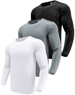 Herren 3er Pack Langarmshirt T-Shirts, UPF 50+ UV Schnelltrocknend Funktionsshirt Laufshirts, Atmungsaktiv Langarm Sportshirt Gym Outdoor Workout Fitness Oberteil Black/White/Grey-3P01-M von Boyzn
