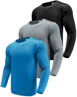 Herren 3er Pack Langarmshirt T-Shirts, UPF 50+ UV Schnelltrocknend Funktionsshirt Laufshirts, Atmungsaktiv Langarm Sportshirt Gym Shirt Outdoor Workout Fitness Oberteil Black/Grey/Blue-3P02-L von Boyzn