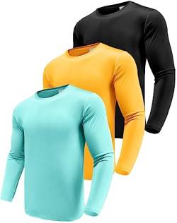 Herren 3er Pack Langarmshirt T-Shirts, UPF 50+ UV Schnelltrocknend Funktionsshirt Laufshirts, Atmungsaktiv Langarm Sportshirt Gym Shirt Outdoor Workout Fitness Oberteil Black/Yellow/Mint Green-3P08-XL von Boyzn