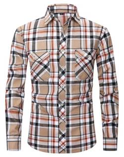 Herren Flanellhemd Hemd Herren Kariertes Hemden Freizeithemd Button Down Shirt Casual Langarm Hemd Herren Flanell Hemden mit Zwei Taschen Beige/Black-2XL von Boyzn