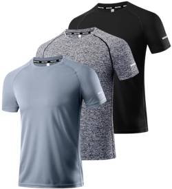 Herren Kurzarm T-Shirt Leicht Schnelltrocknend UPF 50 Sun Shirt Tops Funktionsshirt Fitness Shirt Atmungsaktiv Schnelltrocknend Sport Shirt Outdoor Laufshirt Sport Oberteil Black/Gray/HGrey-3P03-2XL von Boyzn