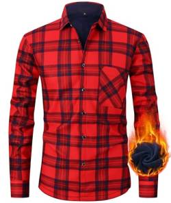 Kariertes Flanellhemd für Herren, Hemdjacke Herren Flanell Fleecejacke Langarm Thermohemd Gefüttert karierte Jacke, Casual Button Down Freizeithemd Warm Winterjacke mit Brusttasche Red/Navy-P7-3XL von Boyzn