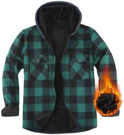 Kariertes Jacke Herren Hemdjacke Winter Warm Fleece Hoodie Flanellhemd Jacke Button Down Langarmshirt Gefüttert Karohemd Holzfällerjacke Hoodie für Herren mit Taschen Green-Q3-3XL von Boyzn