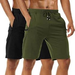 Kurze Hosen Herren - Sporthose Herren Kurz, Laufshorts Männer Sommer Baumwolle Kurze Jogginghose Fitnesshose Shorts Kurz SportShorts Trainingshose Mit Reißverschlusstasch, 2er-Pack Black/Green-XL von Boyzn