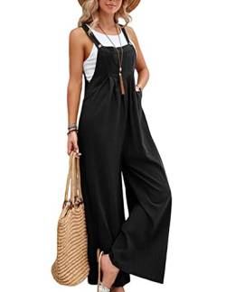 Bozanly Damen Baggy Wide Leg Overalls Sommer Baumwolle Leinen Loose Fit Bib Jumpsuit mit Taschen, Schwarz, Medium von Bozanly