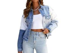 Jeans Jacken Für Damen,Damen Kurze Jeansjacke Patchwork Roher Saum Jeans Tops Maßgeschneiderte Stretch Trucker Casual Outwear Distressed Button Denim Mantel Strickjacke Jeansjacke Für Mädchen Herbst von BrOleo