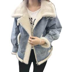 Winter Jeansjacke für Damen warmer mit Fleece gefütterter Distressed Jeansmantel lässiger verkürzter dicker Parka gewaschener Reißverschluss lange Ärmel Herbst Winter Reversjacke Oberbekleidung mit von BrOleo