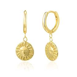 Brandlinger ® Ohrringe Silber 925 hängend. Creolen mit Anhänger Sonne. Schmuck Damen vergoldet mit 18 Karat (Silber und Gold) für Frauen und Mädchen. Durchmesser der Hoops 12,5mm. (Gold) von Brandlinger