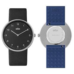 Braun 2-Zeiger-Quarz-Analoguhr, schwarzes Zifferblatt und schwarzes Lederarmband mit zusätzlichem blauen Silikon-Kautschukarmband, Schnellverschluss-Federstege, 38 mm, Modell BN0281BKBLG von Braun