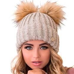 Braxton Beanie Damen – 2 Pom Ohren Zopfmuster Winter Warm Fleece Mütze – Wolle Schnee Outdoor Skimütze - Braun - Einheitsgröße von Braxton Hats