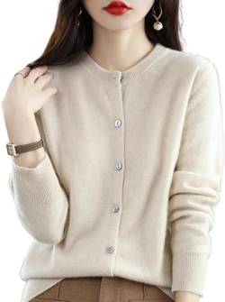 Kaschmir-Cardigan-Pullover für Damen, 100% Kaschmir-Cardigan mit Knopfleiste vorne und Langen Ärmeln, weicher, Warmer gestrickter, elastischer Pullover (Beige,M) von BreWel