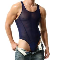 BreakEgg Herren Sexy Cutout Mesh Bodysuit Transparente Tank Tops Crewneck Herren Body Suit One Piece Coveral (Dunkelblau,XL) von BreakEgg