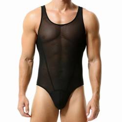 BreakEgg Herren Sexy Cutout Mesh Bodysuit Transparente Tank Tops Crewneck Herren Body Suit One Piece Coveral (Schwarz,L) von BreakEgg