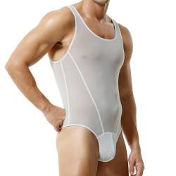 BreakEgg Herren Sexy Cutout Mesh Bodysuit Transparente Tank Tops Crewneck Herren Body Suit One Piece Coveral (Weiß,XL) von BreakEgg