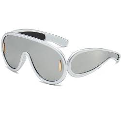 Breaksun Fashion Wave Maske Sonnenbrille für Damen Herren Oversized Silber verspiegelt futuristische Schild Sonnenbrille Designer Stil, A1 Silber/Silber Spiegel, MM von Breaksun