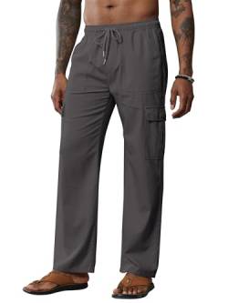 Breampot Herren Leinenhose Lang Leicht Sommerhose Baumwolle Cargo Loose Freizeithose mit Kordelzug (Dunkelgrau, Medium) von Breampot