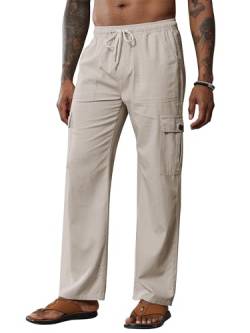 Breampot Herren Leinenhose Lang Leicht Sommerhose Baumwolle Cargo Loose Freizeithose mit Kordelzug (Khaki, Large) von Breampot