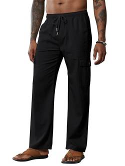 Breampot Herren Leinenhose Lang Leicht Sommerhose Baumwolle Cargo Loose Freizeithose mit Kordelzug (Schwarz, Large) von Breampot