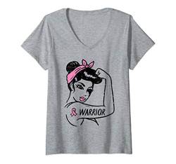 Damen Breast Cancer Warrior Rosie Riveter Pink Ribbon Unbreakable T-Shirt mit V-Ausschnitt von Breast Cancer Awareness Clothes For Women Gifts