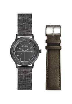 Breil SIX.3.Nine Pack Herren Armbanduhr mit Armband aus Stahl, Mesh-Optik in der Farbe: Gun, inkl. Ersatzband in Leder Khaki, Gehäusedurchmesser: 44 mm, TW1911 von Breil