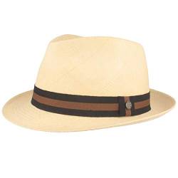 Breiter ORIGINAL Panama-Hut | Stroh-Hut | Sommer-Hut aus Ecuador – Schmaler Trilby - Handgeflochten, UV-Schutz, Bruchschutz - Natur (blau-braunes BD), XL von Breiter