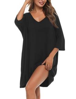 Bresdk Nachthemd Damen Baumwolle Große Größen Schlafshirt Damen Oversize Sleepshirt Kurzarm Schwarz 3XL von Bresdk