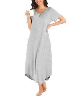 Bresdk Nachthemd Damen Lang Kurzarm Baumwolle V Ausschnitt mit Taschen Nachtwäsche Frauen Grau S von Bresdk