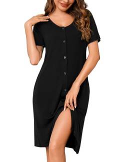 Bresdk Nachthemd Damen Nachtwäsche mit Knopfleiste Kurz Baumwolle Sleepshirt Schwarz S von Bresdk