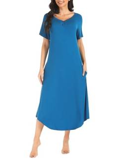 Bresdk Nachthemd Damen Schlafshirt Kurzarm Lang Baumwolle mit Knöpfe V Kragen Nachtkleid Blau M von Bresdk