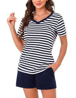 Bresdk Pyjama Damen Kurz Baumwolle Sommer Kurzarm V-Kragen Nachtwäsche Blau02 M954 S von Bresdk