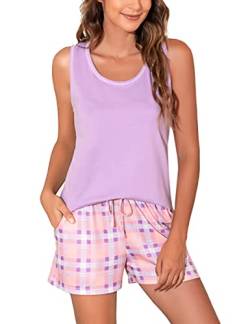 Bresdk Schlafanzug Damen Kurz Ärmellos Kurzarm Pyjama Set Sommer Nachtwäsche Set Top U Ausschnitt Kariert Schlafanzughose von Bresdk