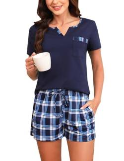 Bresdk Schlafanzug Damen Kurz Shorty Pyjama Set Baumwolle Sommer Nachtwäsche M1409 Blau L von Bresdk