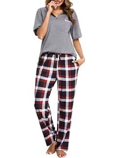 Bresdk Schlafanzug Damen Lang Kariert Kurzarm Pyjama Set Baumwolle Nachtwäsche Grau XXL von Bresdk