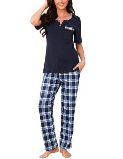 Bresdk Schlafanzug Damen Lang Kariert Kurzarm Pyjama Set Baumwolle Nachtwäsche Hellblau L von Bresdk