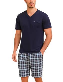 Bresdk Schlafanzug Herren Kurz Sommer Pyjama Set Kurzarm Kariert Männer Blau01 M216 S von Bresdk