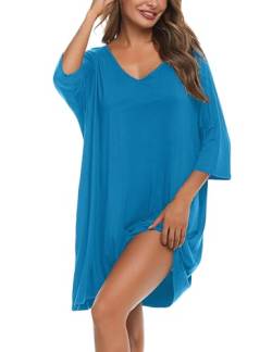 Bresdk Schlafshirt Damen Oversize Kurzarm Nachthemd Sommer Nachtwäsche Baumwolle Sleepshirt Klein Blau 3XL von Bresdk