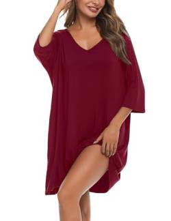 Bresdk Sleepshirt Damen Oversize Schlafshirt Baumwolle Lang Nachthemd Bigshirts zum Schlafen Rot 3XL von Bresdk