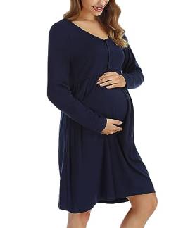 Bresdk Stillnachthemd Damen Geburt Nachthemd mit Knopf Stillfunktion Umstandskleid Schwangere M0015 Blau L von Bresdk