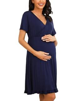 Bresdk Stillnachthemd Damen Nachthemd mit Stillfunktion Umstandskleid Umstandskleidung Nachthemden für Schwangere Blau S von Bresdk