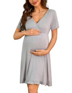 Bresdk Stillnachthemd Damen Nachthemd mit Stillfunktion Umstandskleid Umstandskleidung Nachthemden für Schwangere Grau L von Bresdk
