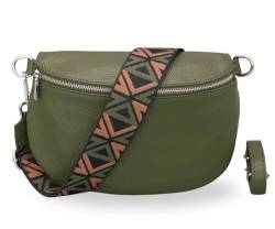 BRISE Damen Bauchtasche AFIA Handgemachte Umhängetasche Crossbody Bag Echtes Leder mit Ledergurt + Breiten Gemusterten Riemen 3 Fächer Stylische Made in Italy Gürteltasche (Khaki - 3) von Brise Art