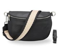 BRISE Damen Bauchtasche AFIA Handgemachte Umhängetasche Crossbody Bag Echtes Leder mit Ledergurt + Breiten Gemusterten Riemen 3 Fächer Stylische Made in Italy Gürteltasche (Schwarz - 2) von Brise Art