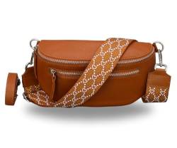 BRISE Damen Bauchtasche LUCIA Handgemachte Umhängetasche Crossbody Bag Echtes Leder mit Ledergurt + Breiten Gemusterten Riemen 3 Fächer Stylische Made in Italy Gürteltasche (Cognac Braun - 5) von Brise Art