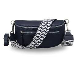 BRISE Damen Bauchtasche LUCIA Handgemachte Umhängetasche Crossbody Bag Echtes Leder mit Ledergurt + Breiten Gemusterten Riemen 3 Fächer Stylische Made in Italy Gürteltasche (Dunkelblau - 2) von Brise Art