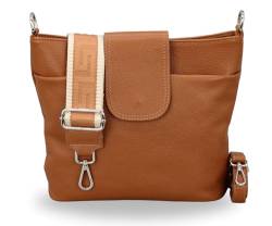 BRISE Damen Umhängetasche ELLIE Handgemachte Crossbody Bag Echtes Leder mit Ledergurt + Breiten Gemusterten Riemen 7 Fächer Wasserdichte Stylische Made in Italy Schultertasche (Cognac Braun - 2) von Brise Art